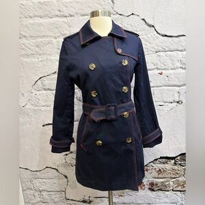 Boden Navy Blue‎ Double-Breasted Trench Coat with Belt Red Embroidered Classic